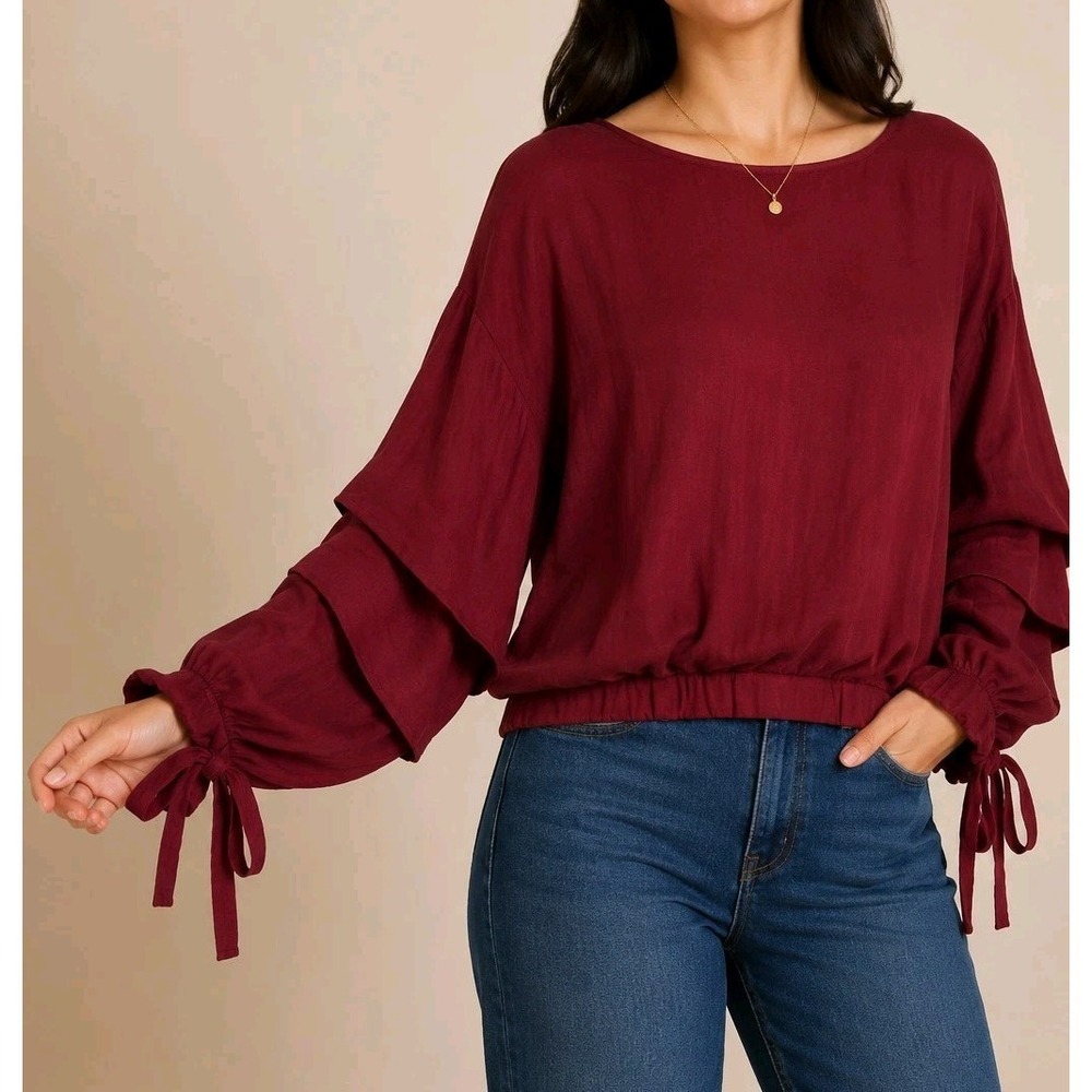 Olm Satin Ruffle Sleeve Bow Tie Boho Peasant Blouse Red Mulberry Size XL